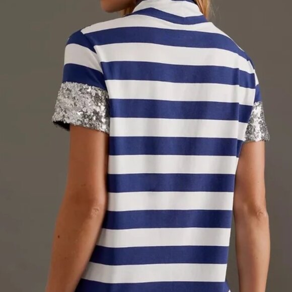 Maeve Anthropologie Sequin Sleeve Striped Baby Tee - Size M - Picture 7 of 13